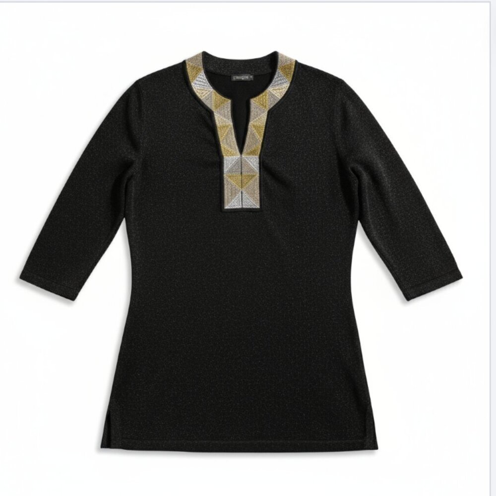 J. McLaughlin Tunic Top Geometric Embroidered Black Women's Size XS Cotton Modal - Picture 1 of 6